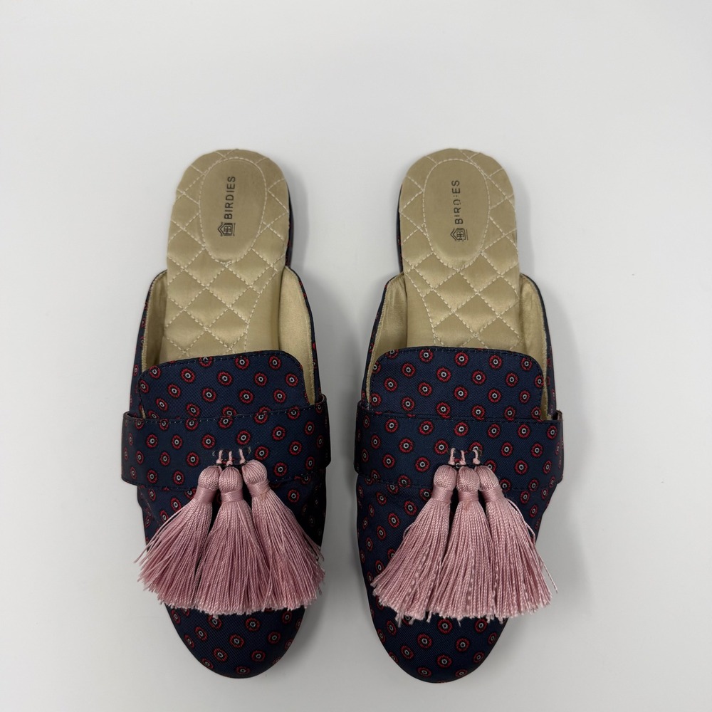 Women's Birdies The Phoebe 8.5 Mule Navy Medallion Pink Tassels Quilted Flats